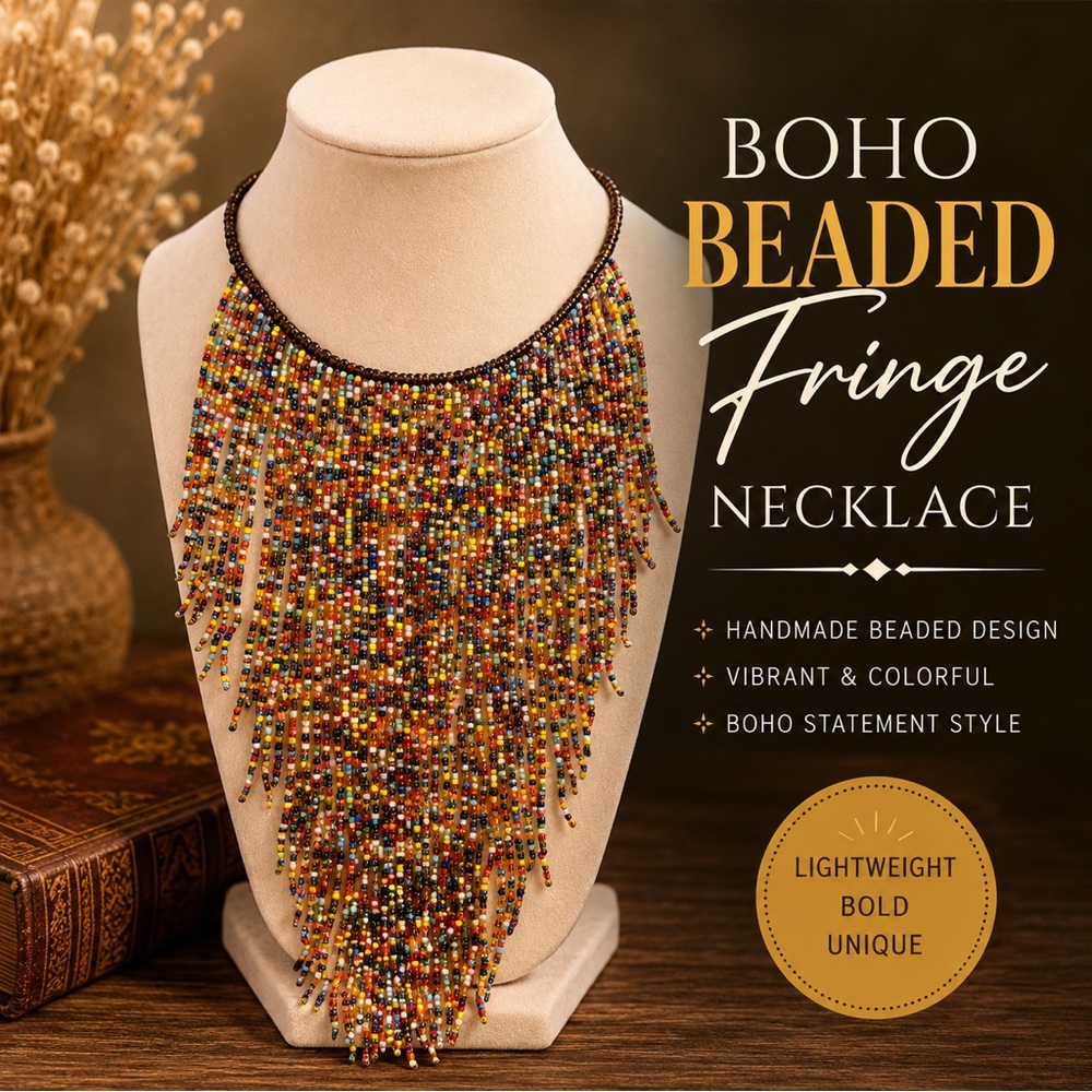 Boho Multicolor Beaded Fringe Statement Necklace Festival Bib Collar